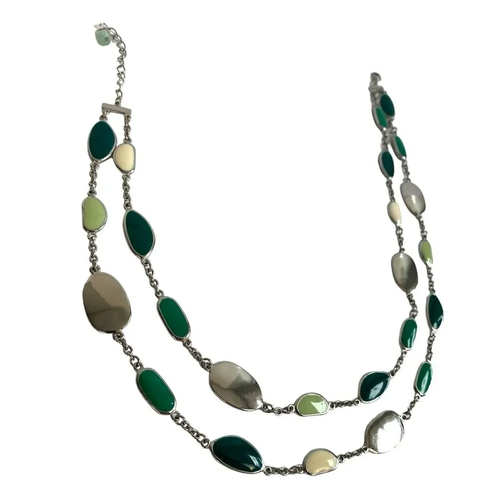Silver Tone Double Strand Layered Jewelry  Necklace Multicolor‎ Pebbles A14Q
